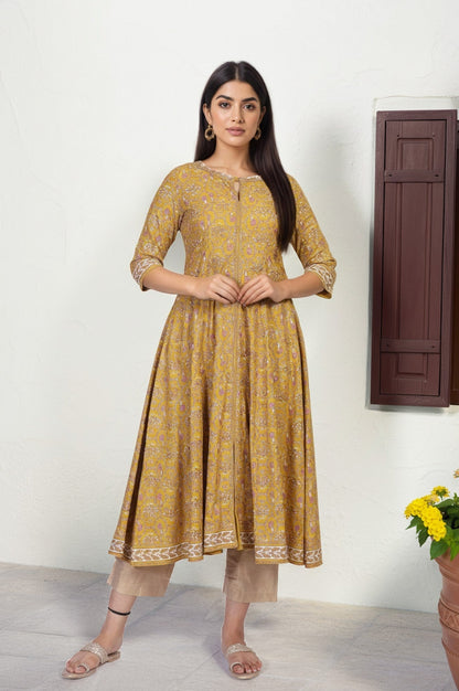 W for Woman Mustard Floral Printed Anarkali Rayon Kurta
