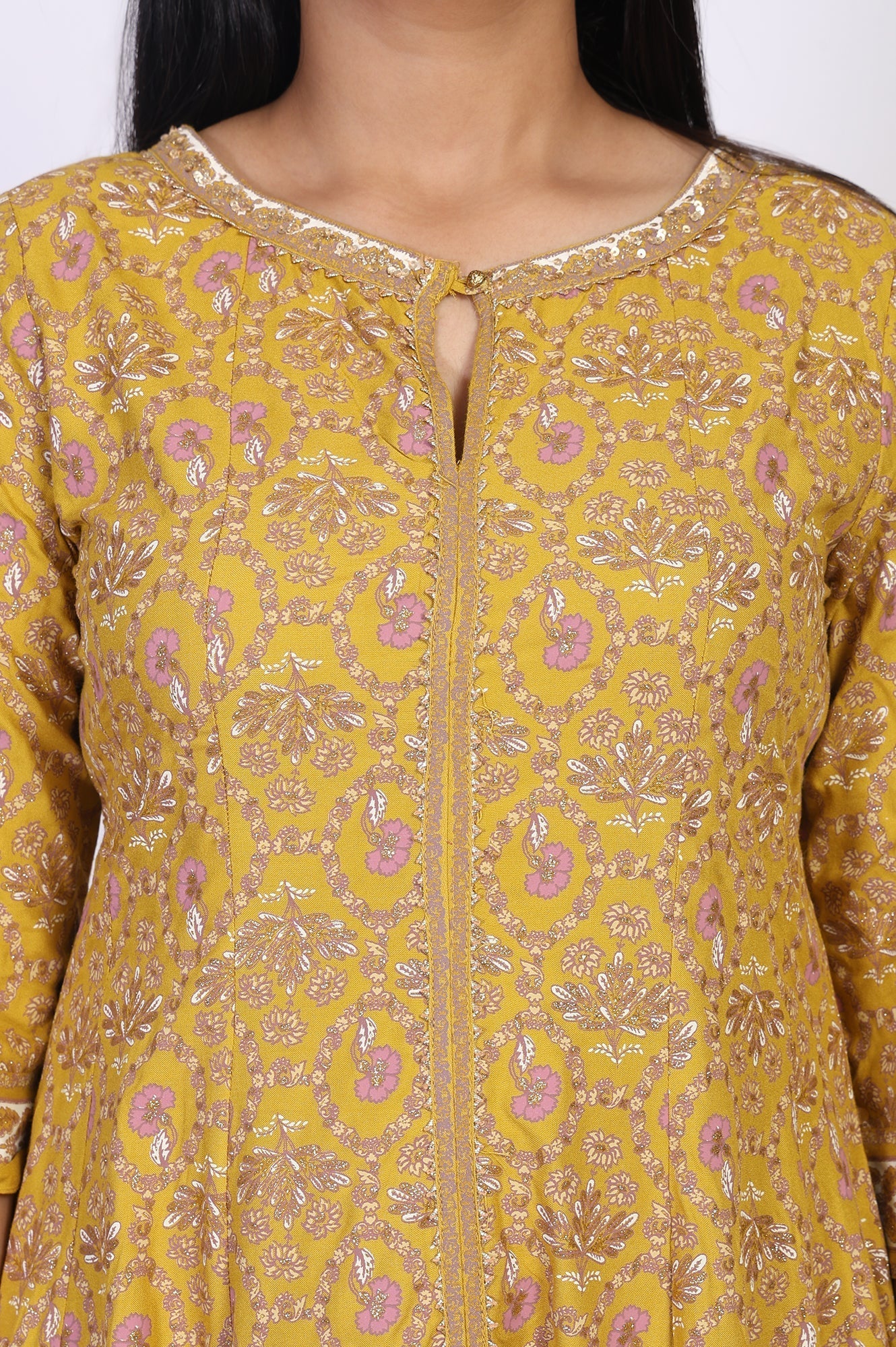 W for Woman Mustard Floral Printed Anarkali Rayon Kurta