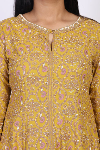 W for Woman Mustard Floral Printed Anarkali Rayon Kurta