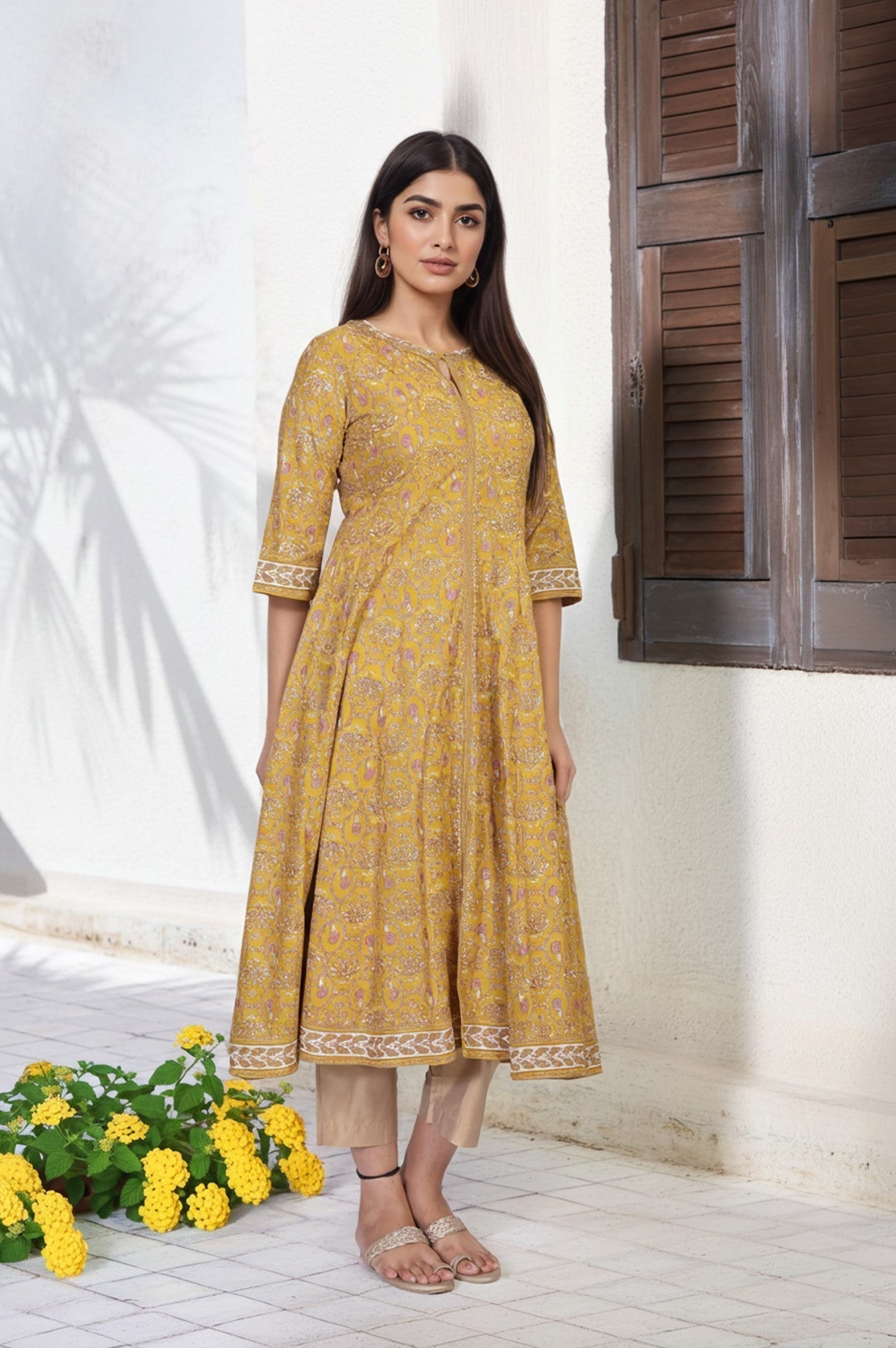 W for Woman Mustard Floral Printed Anarkali Rayon Kurta