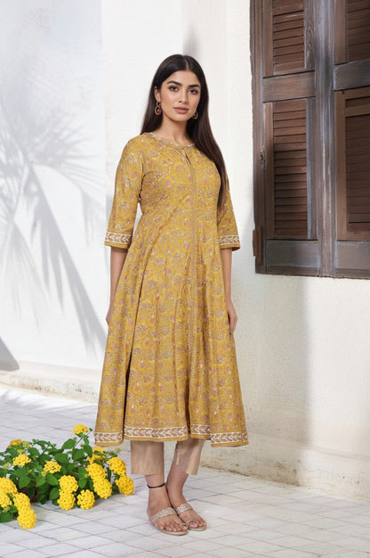 W for Woman Mustard Floral Printed Anarkali Rayon Kurta