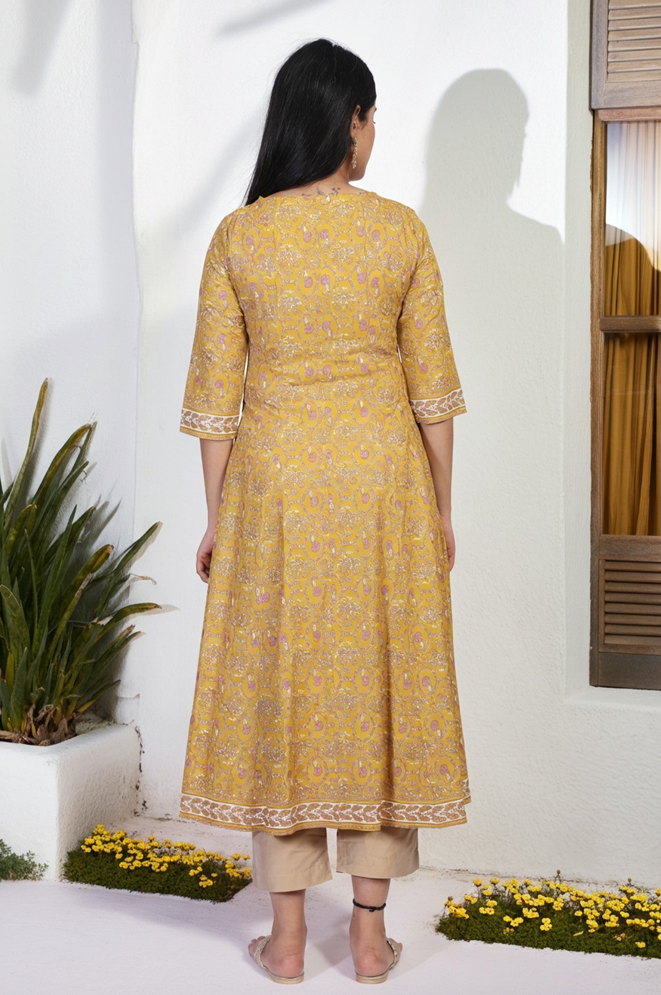 W for Woman Mustard Floral Printed Anarkali Rayon Kurta
