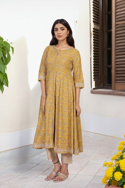 W for Woman Mustard Floral Printed Anarkali Rayon Kurta