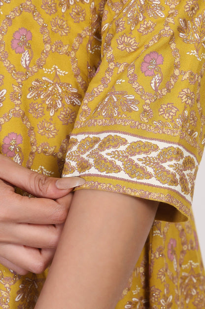 W for Woman Mustard Floral Printed Anarkali Rayon Kurta