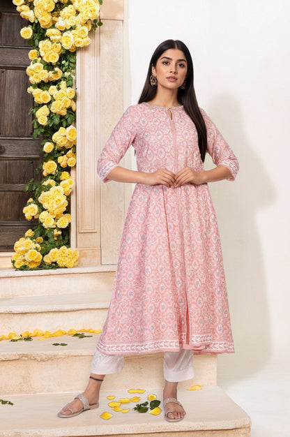 W for Woman Pink Floral Ethnic Printed Embellished A-Line Rayon Kurta
