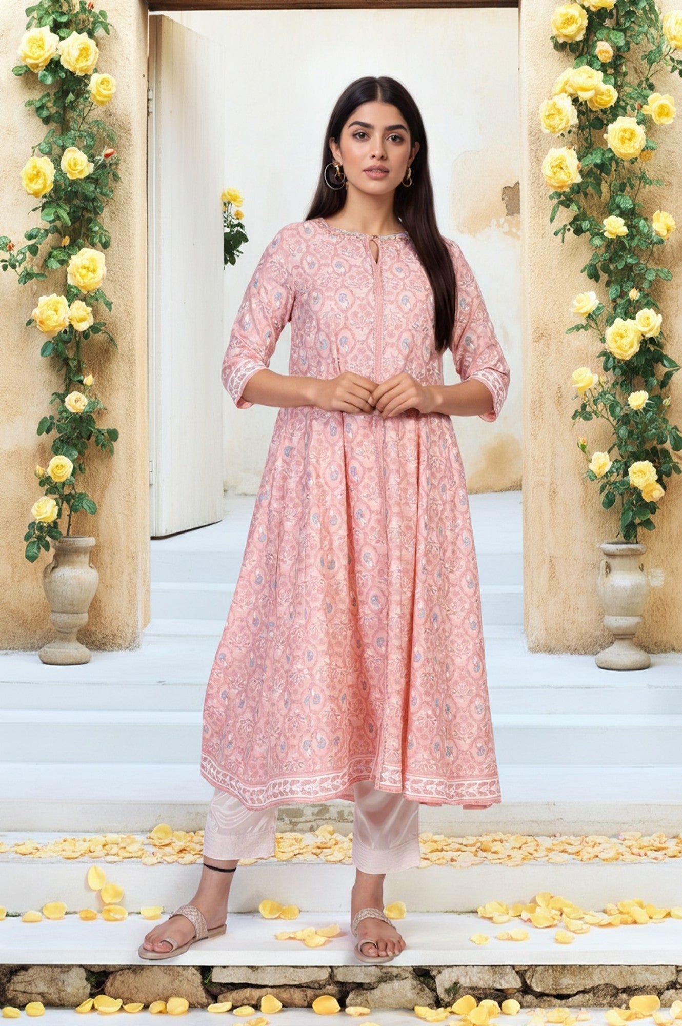 W for Woman Pink Floral Ethnic Printed Embellished A-Line Rayon Kurta