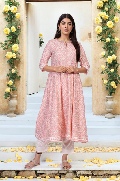 W for Woman Pink Floral Ethnic Printed Embellished A-Line Rayon Kurta