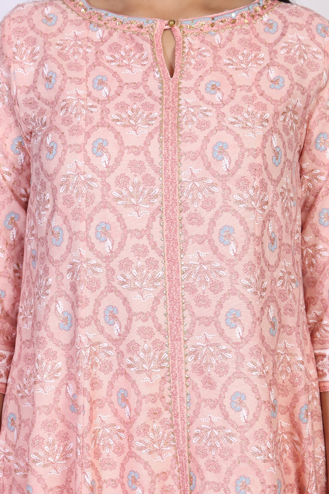 W for Woman Pink Floral Ethnic Printed Embellished A-Line Rayon Kurta