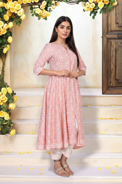 W for Woman Pink Floral Ethnic Printed Embellished A-Line Rayon Kurta