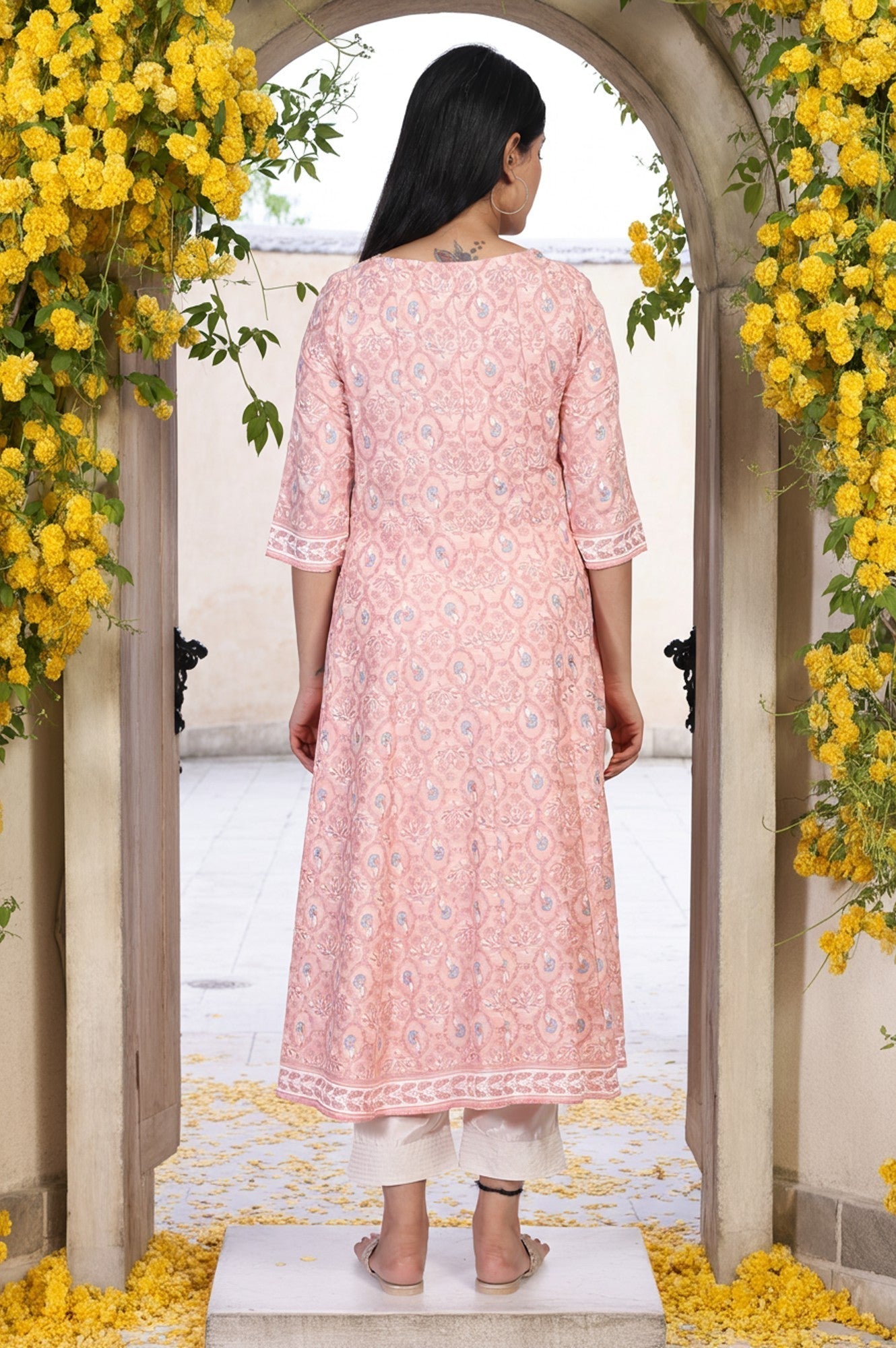 W for Woman Pink Floral Ethnic Printed Embellished A-Line Rayon Kurta