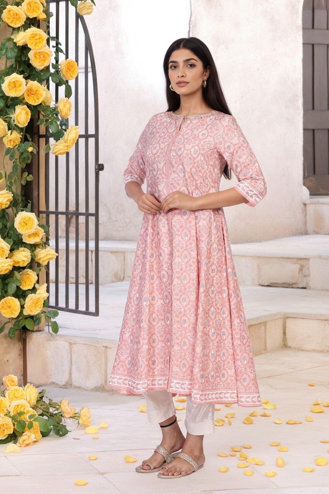 W for Woman Pink Floral Ethnic Printed Embellished A-Line Rayon Kurta