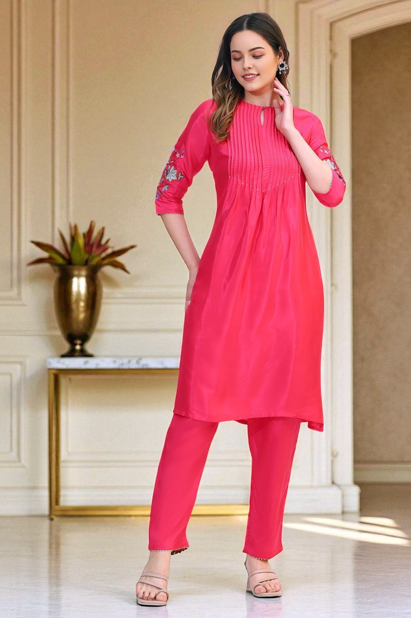 W for Woman Pink Embroidered Shantung Straight Kurta