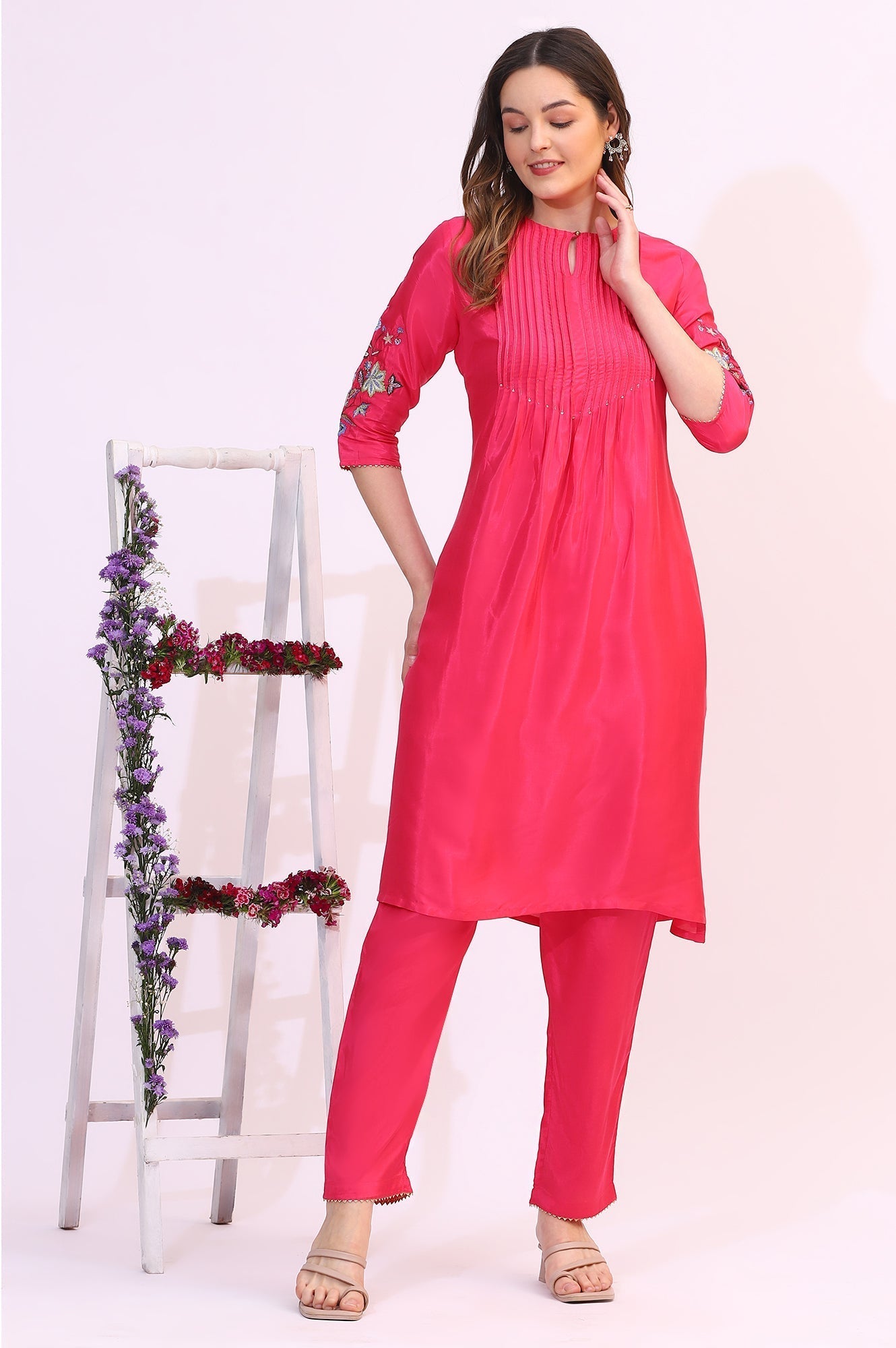 W for Woman Pink Embroidered Shantung Straight Kurta