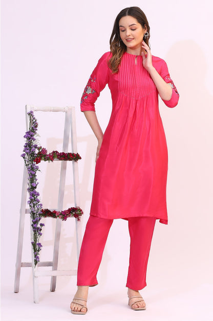 W for Woman Pink Embroidered Shantung Straight Kurta