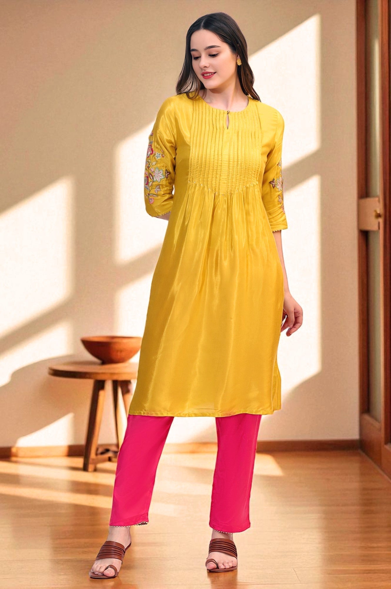 W for Woman Yellow Embroidered Shantung Straight Kurta