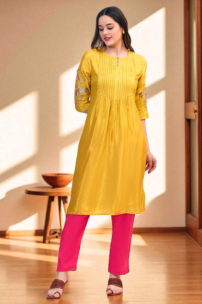 W for Woman Yellow Embroidered Shantung Straight Kurta