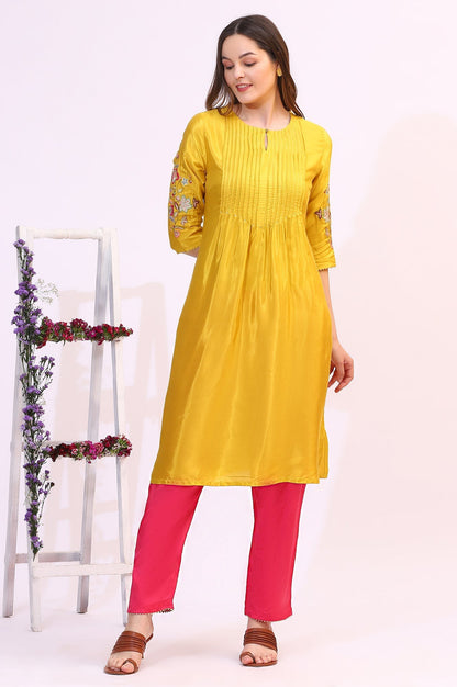 W for Woman Yellow Embroidered Shantung Straight Kurta