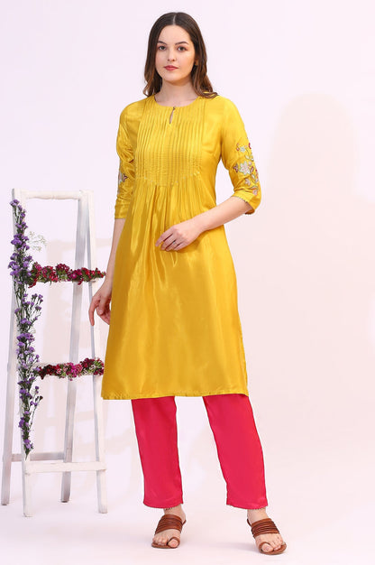 W for Woman Yellow Embroidered Shantung Straight Kurta