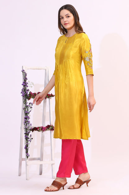 W for Woman Yellow Embroidered Shantung Straight Kurta