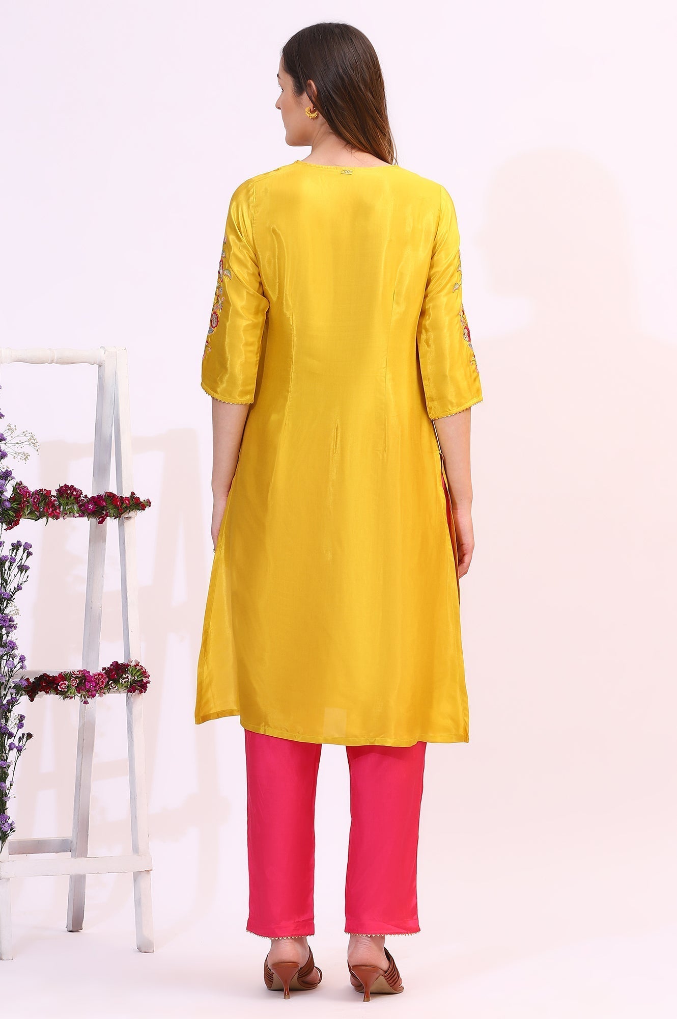 W for Woman Yellow Embroidered Shantung Straight Kurta