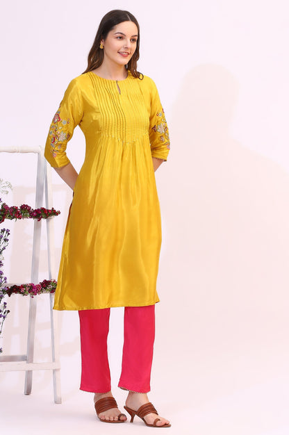 W for Woman Yellow Embroidered Shantung Straight Kurta