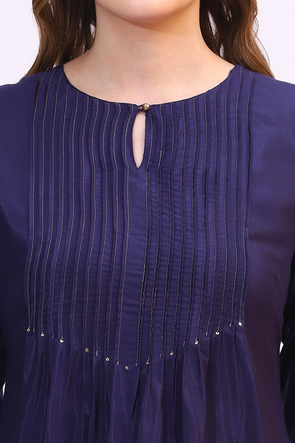 W for Woman Navy Blue Embroidered Shantung Straight Kurta