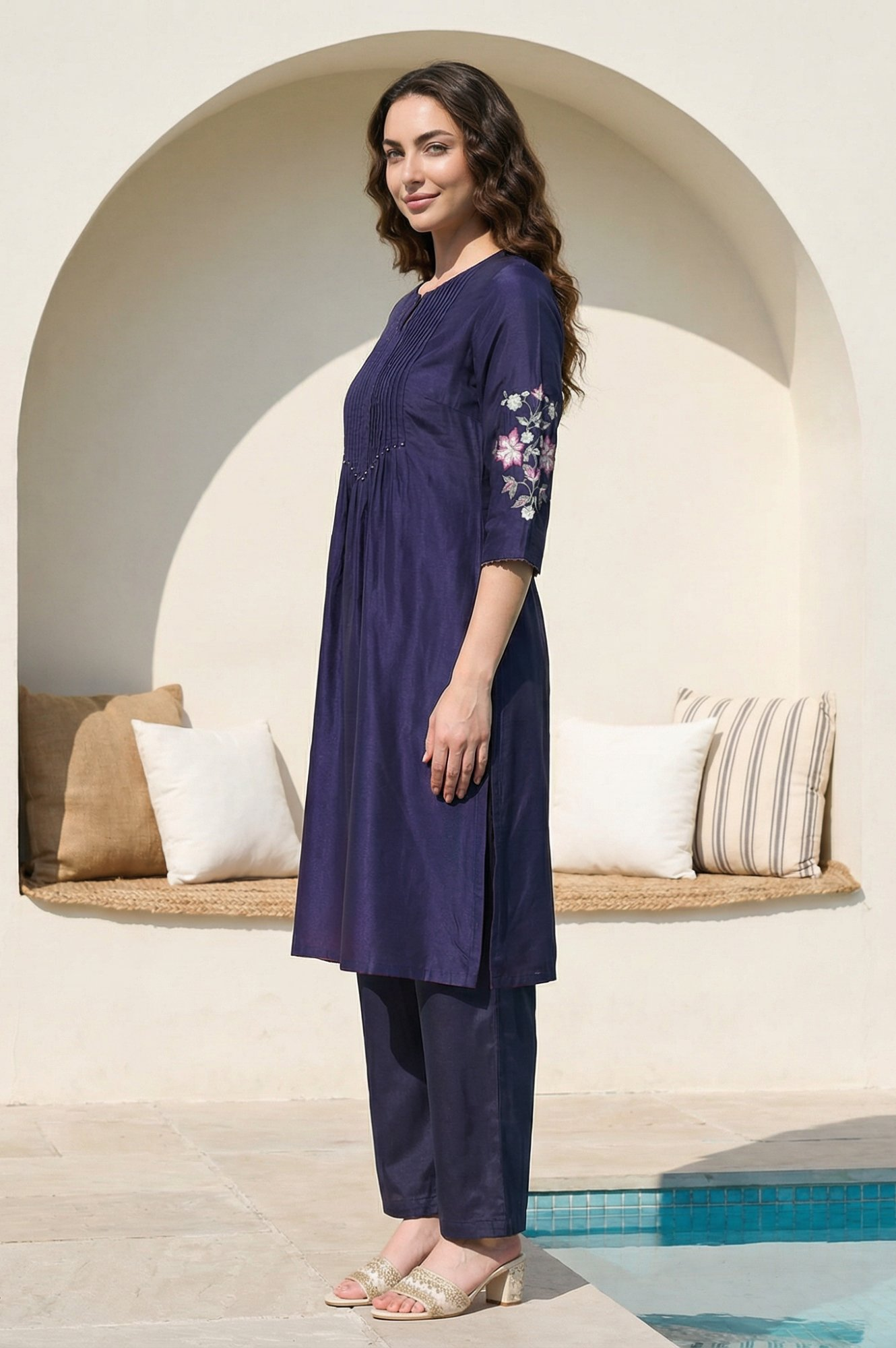 W for Woman Navy Blue Embroidered Shantung Straight Kurta