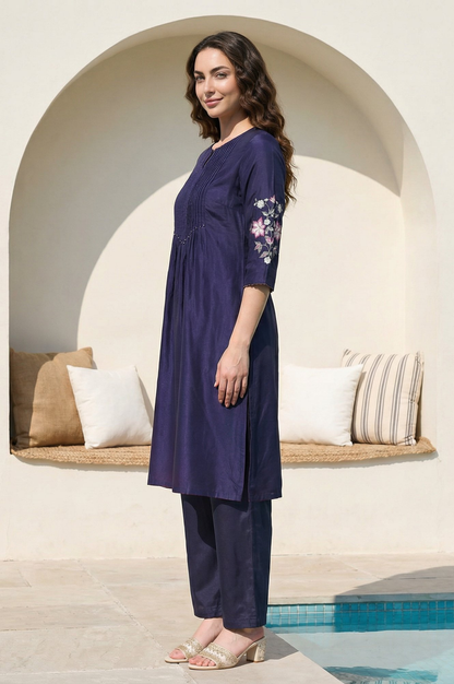 W for Woman Navy Blue Embroidered Shantung Straight Kurta
