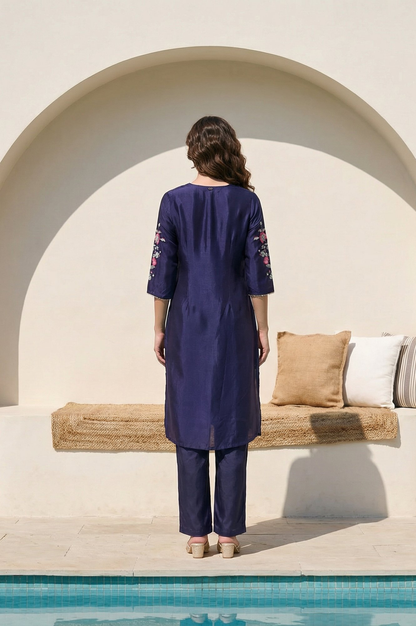 W for Woman Navy Blue Embroidered Shantung Straight Kurta