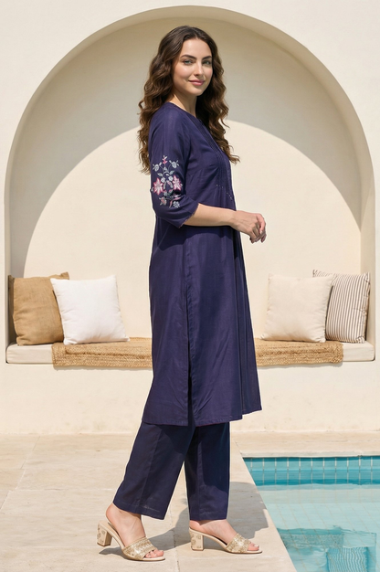 W for Woman Navy Blue Embroidered Shantung Straight Kurta