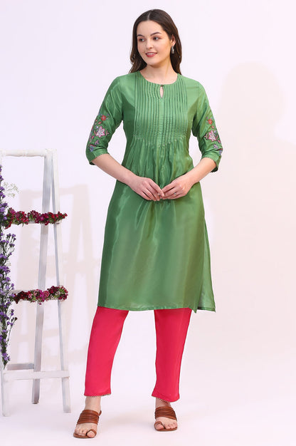 W for Woman Green Embroidered Shantung Straight Kurta