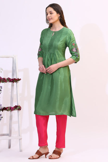 W for Woman Green Embroidered Shantung Straight Kurta