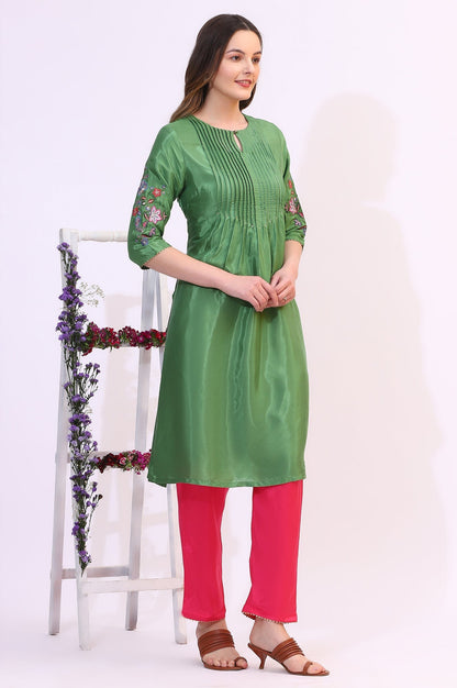 W for Woman Green Embroidered Shantung Straight Kurta
