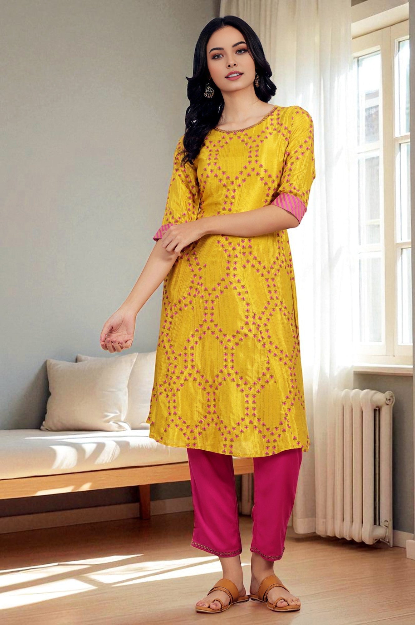 W for Woman Marigold Yellow Floral Printed Straight Shantung Kurta