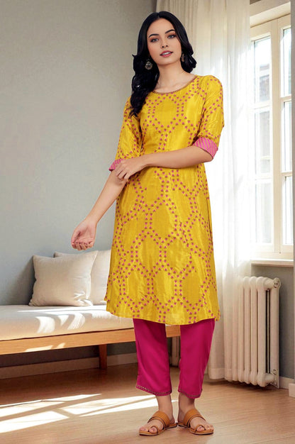 W for Woman Marigold Yellow Floral Printed Straight Shantung Kurta