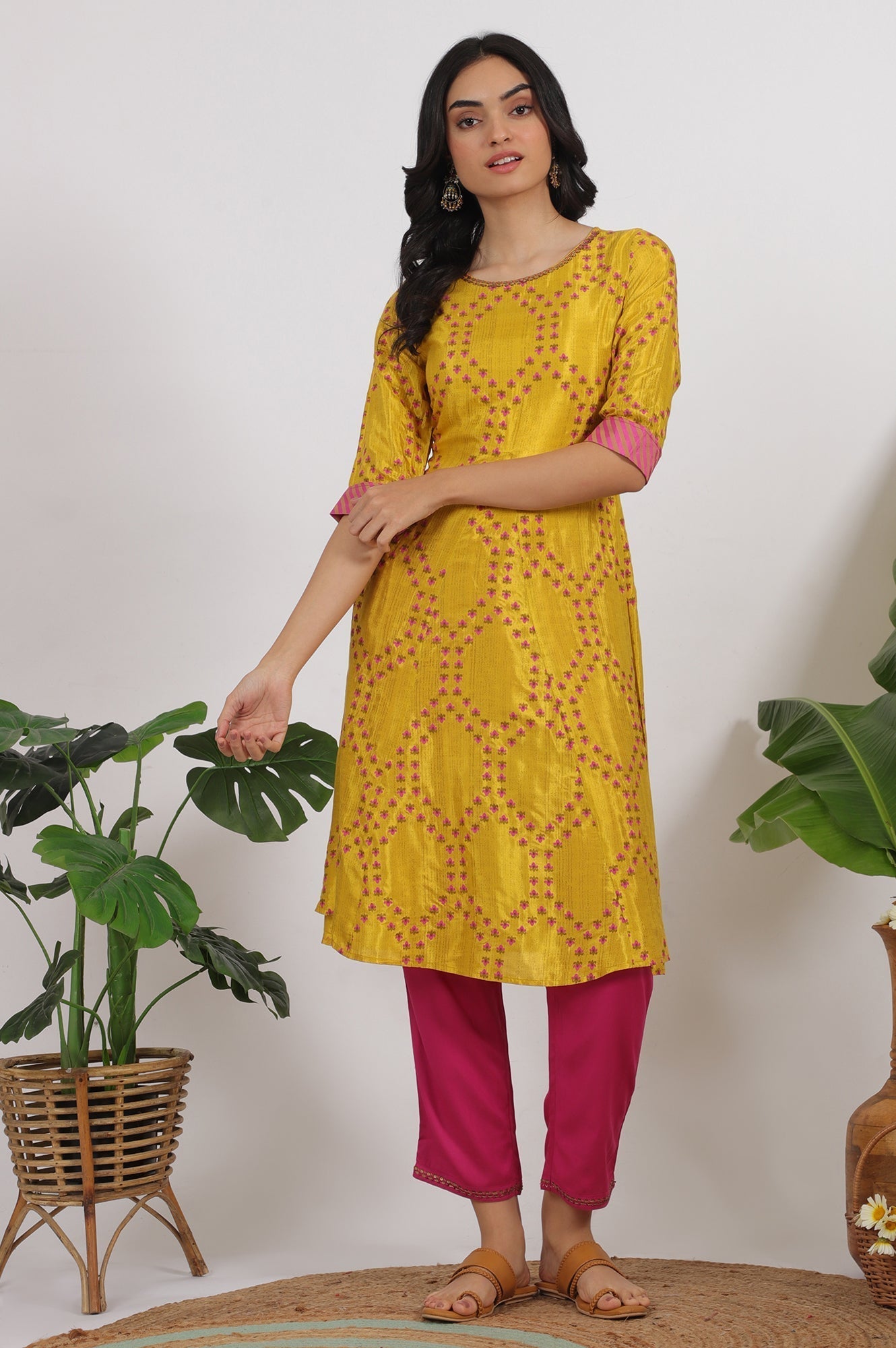 W for Woman Marigold Yellow Floral Printed Straight Shantung Kurta