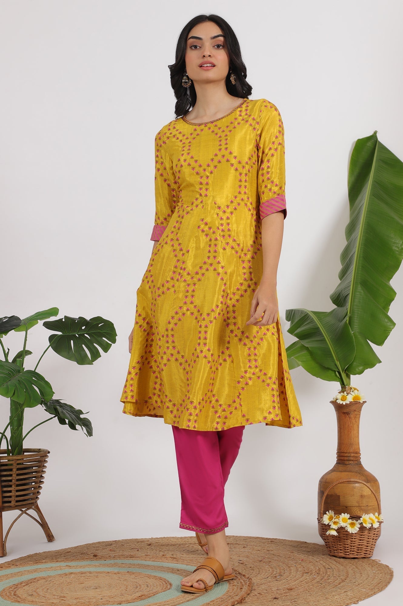 W for Woman Marigold Yellow Floral Printed Straight Shantung Kurta