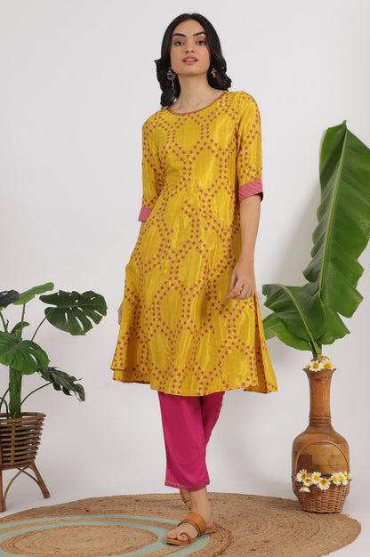W for Woman Marigold Yellow Floral Printed Straight Shantung Kurta