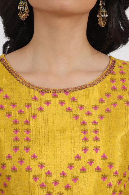 W for Woman Marigold Yellow Floral Printed Straight Shantung Kurta