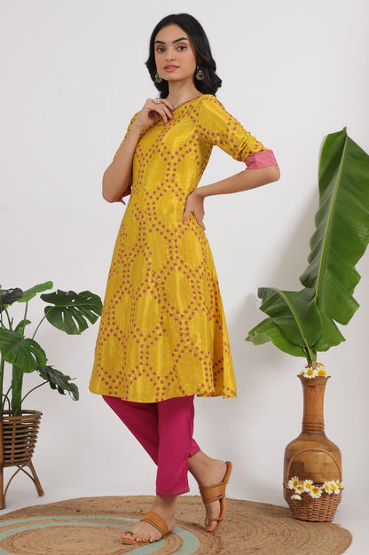 W for Woman Marigold Yellow Floral Printed Straight Shantung Kurta