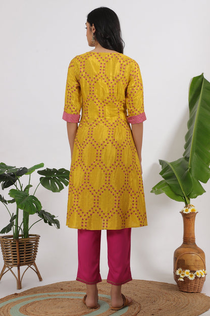 W for Woman Marigold Yellow Floral Printed Straight Shantung Kurta