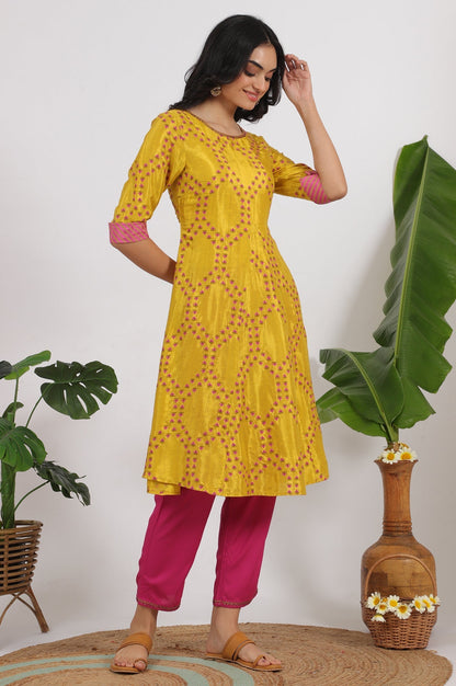 W for Woman Marigold Yellow Floral Printed Straight Shantung Kurta