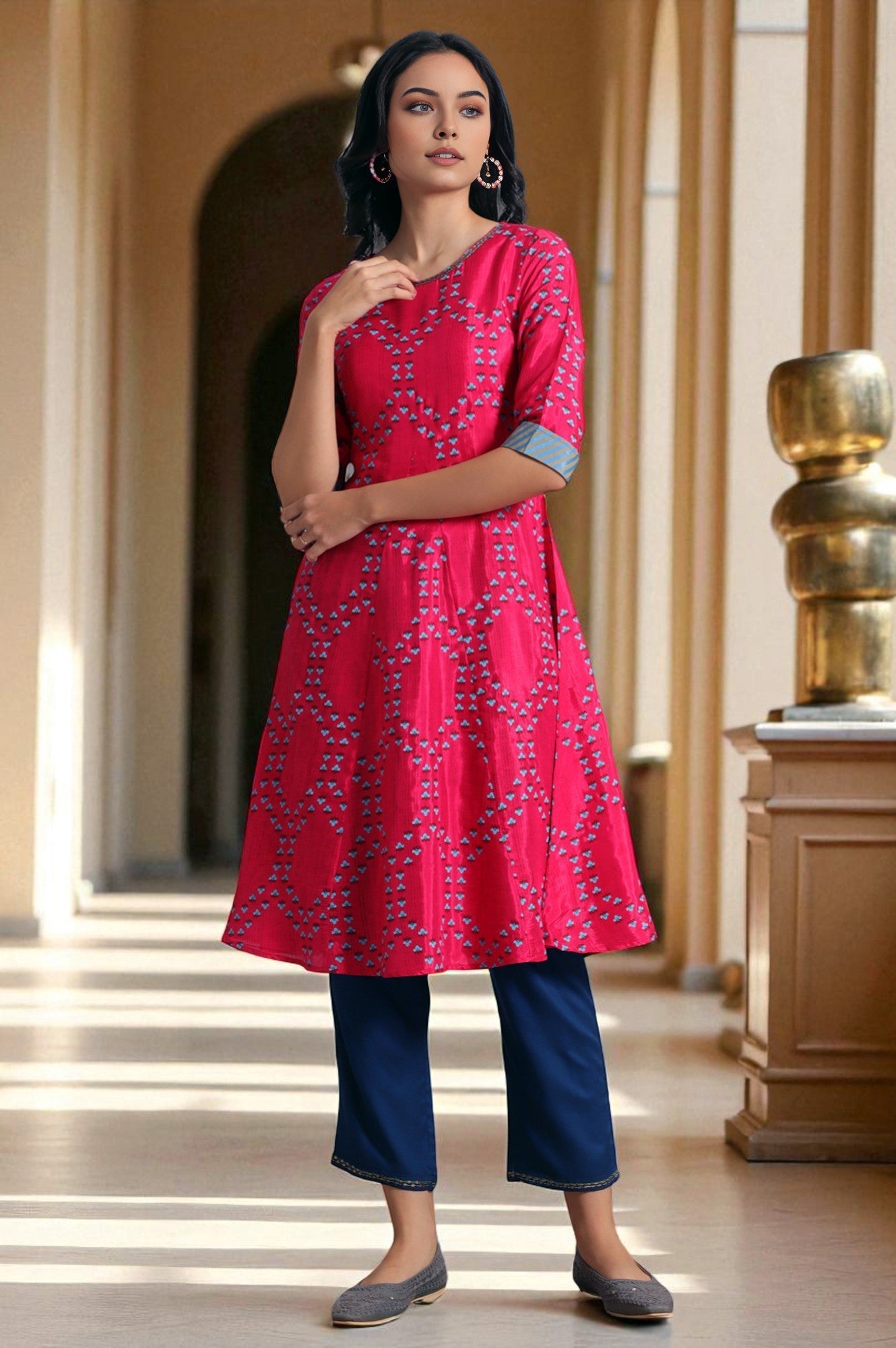 W for Woman Pink Floral Printed Straight Shantung Kurta