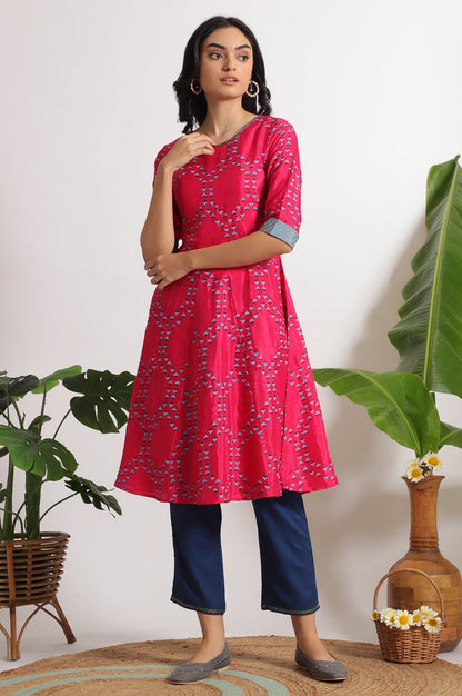 W for Woman Pink Floral Printed Straight Shantung Kurta
