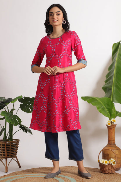 W for Woman Pink Floral Printed Straight Shantung Kurta