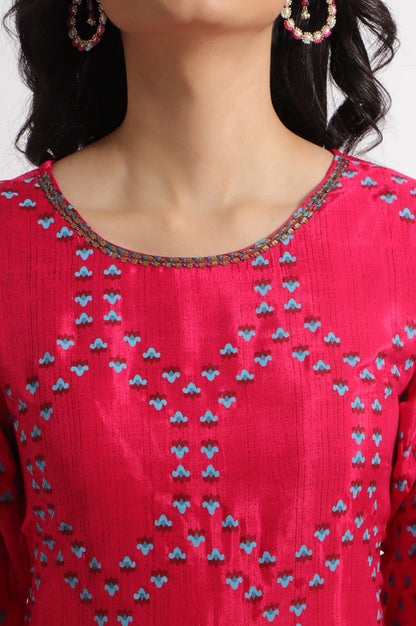 W for Woman Pink Floral Printed Straight Shantung Kurta