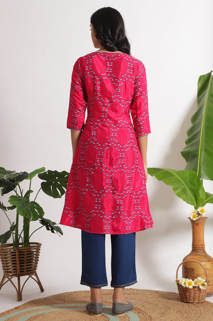 W for Woman Pink Floral Printed Straight Shantung Kurta