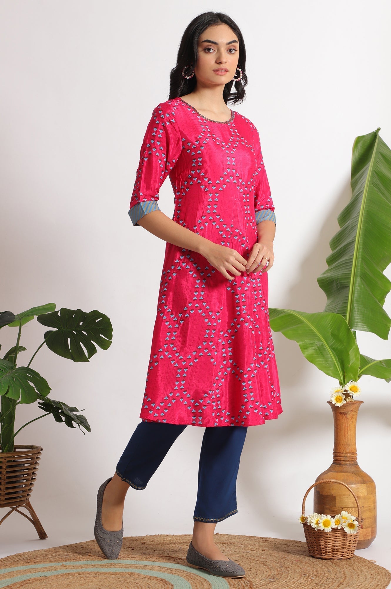 W for Woman Pink Floral Printed Straight Shantung Kurta
