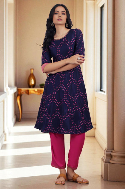 W for Woman Blue Floral Printed Straight Shantung Kurta