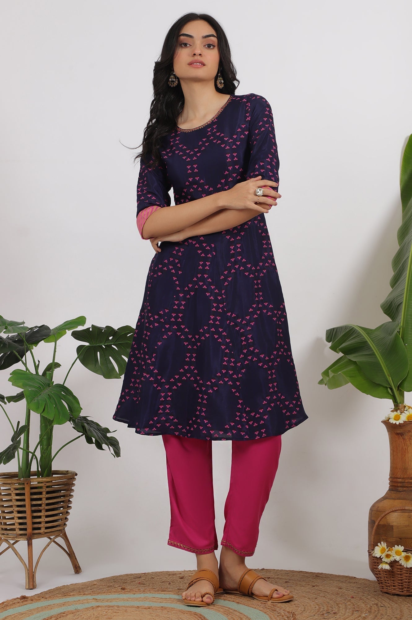 W for Woman Blue Floral Printed Straight Shantung Kurta